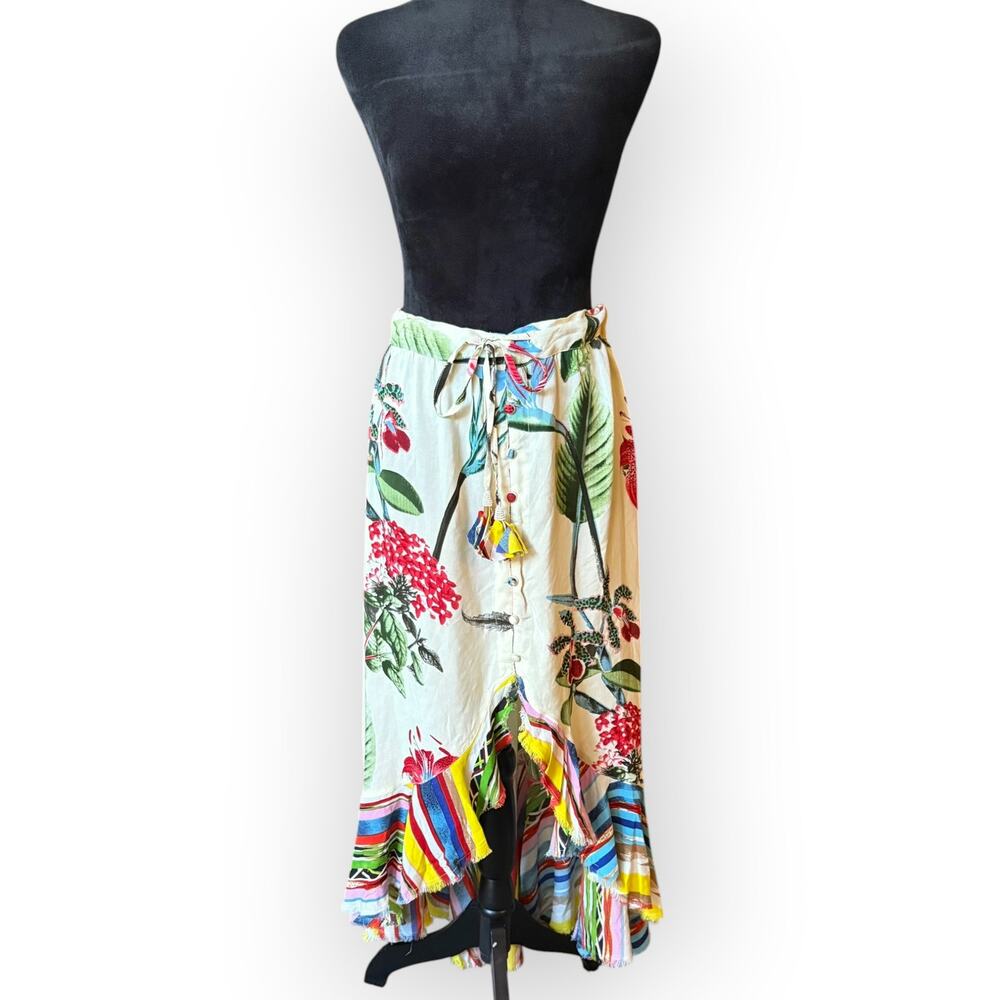 Z&L Women's Bohemian Multicolor Floral Patchwork Hi-Low Tassel Tie Skirt Size M
